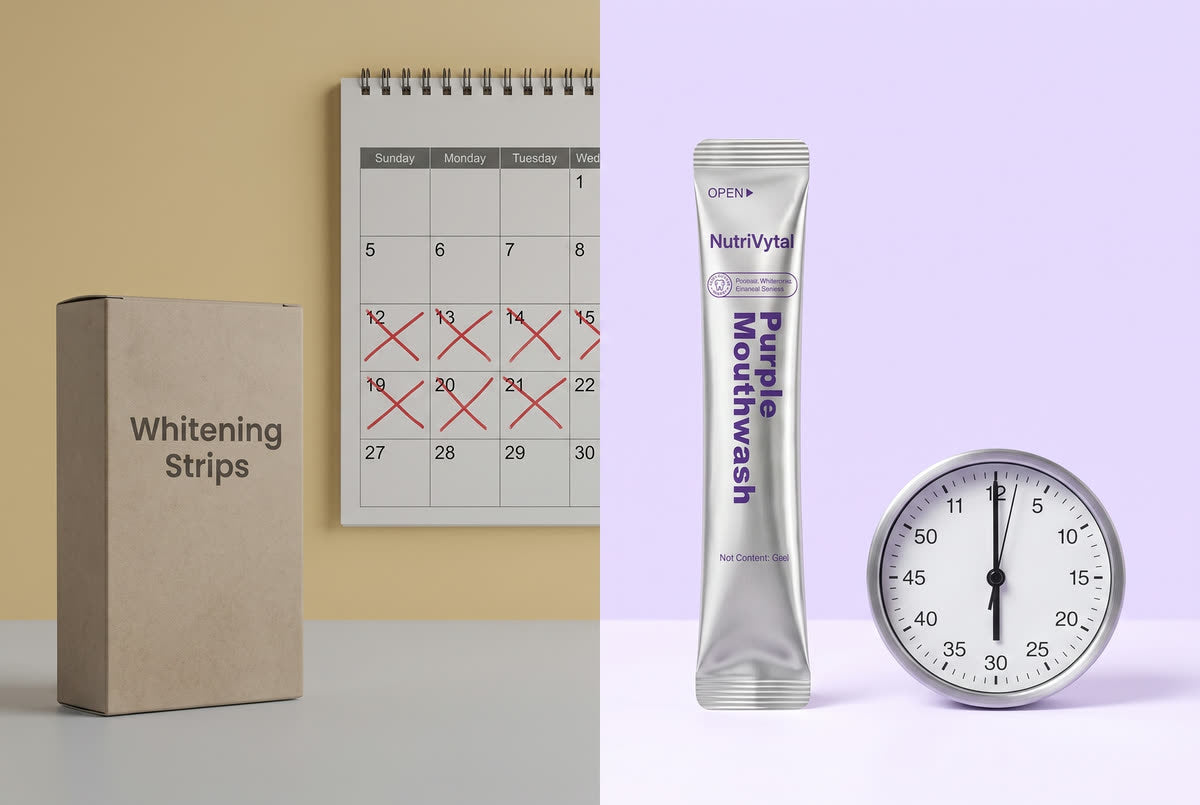 Whitening strips and calendar vs. NutriVytal sachet and clock