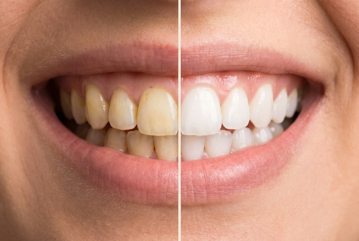 Before and after: yellow teeth neutralized to bright white