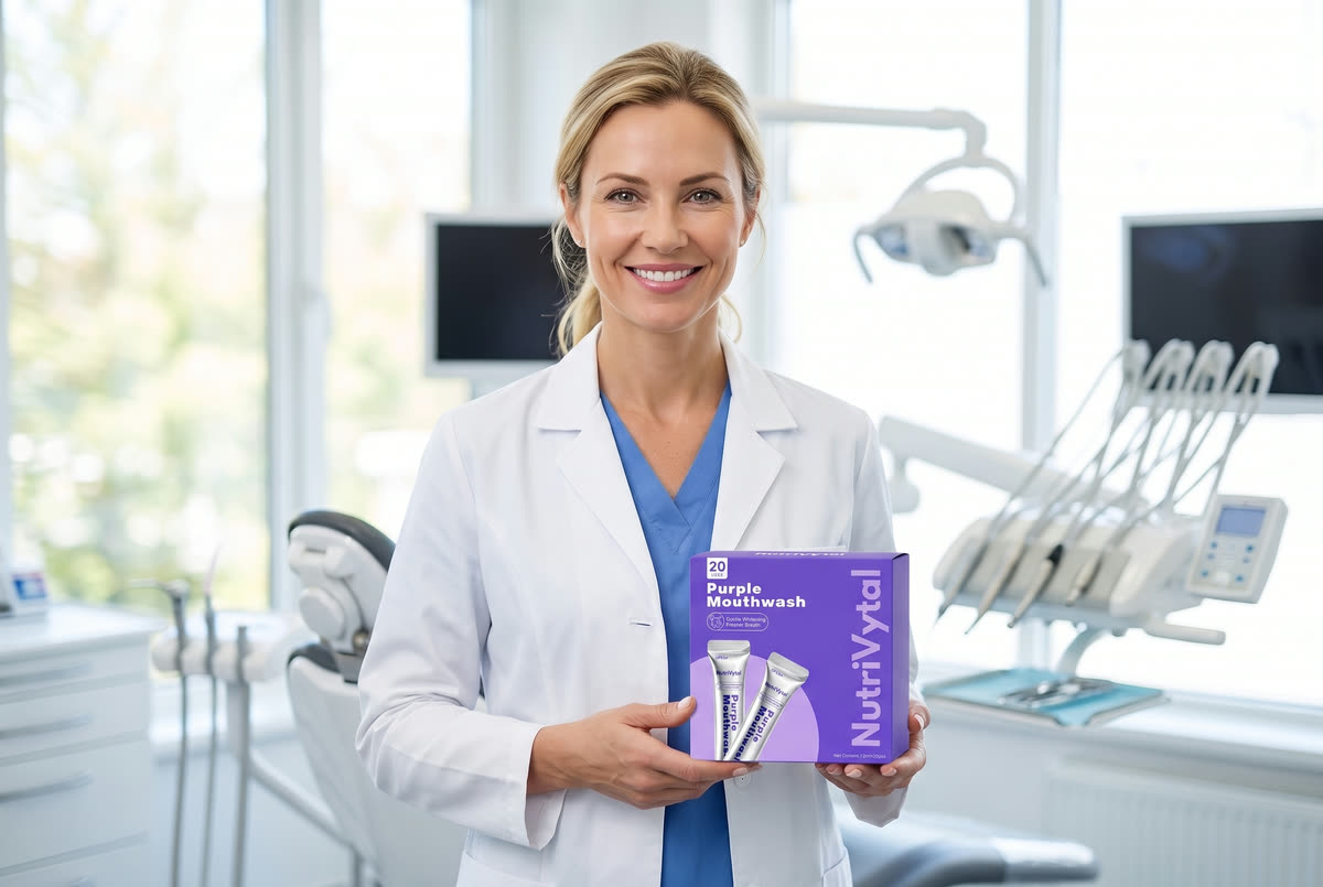 Cosmetic dentist holding NutriVytal Purple Mouthwash