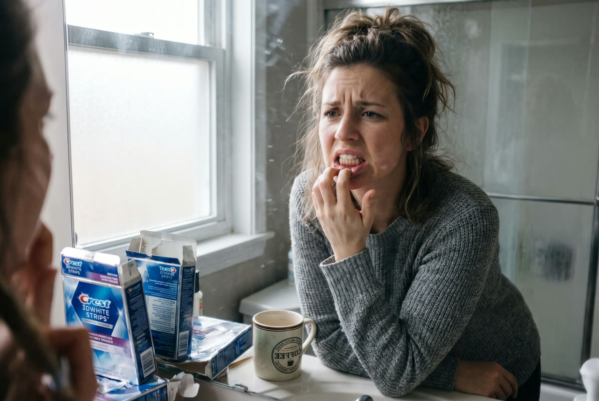 Woman checking her yellow teeth in the mirror