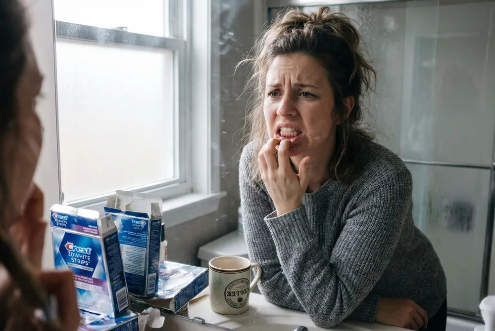Woman checking her teeth in a bathroom mirror