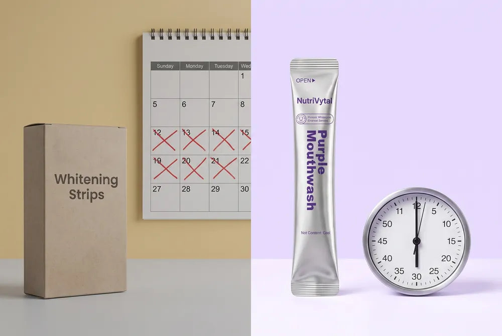 Whitening strips and calendar vs. NutriVytal sachet and clock