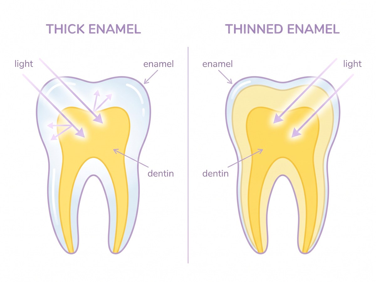 Diagram: thick translucent enamel over yellow dentin reads white; thinned enamel over the same dentin reads yellow