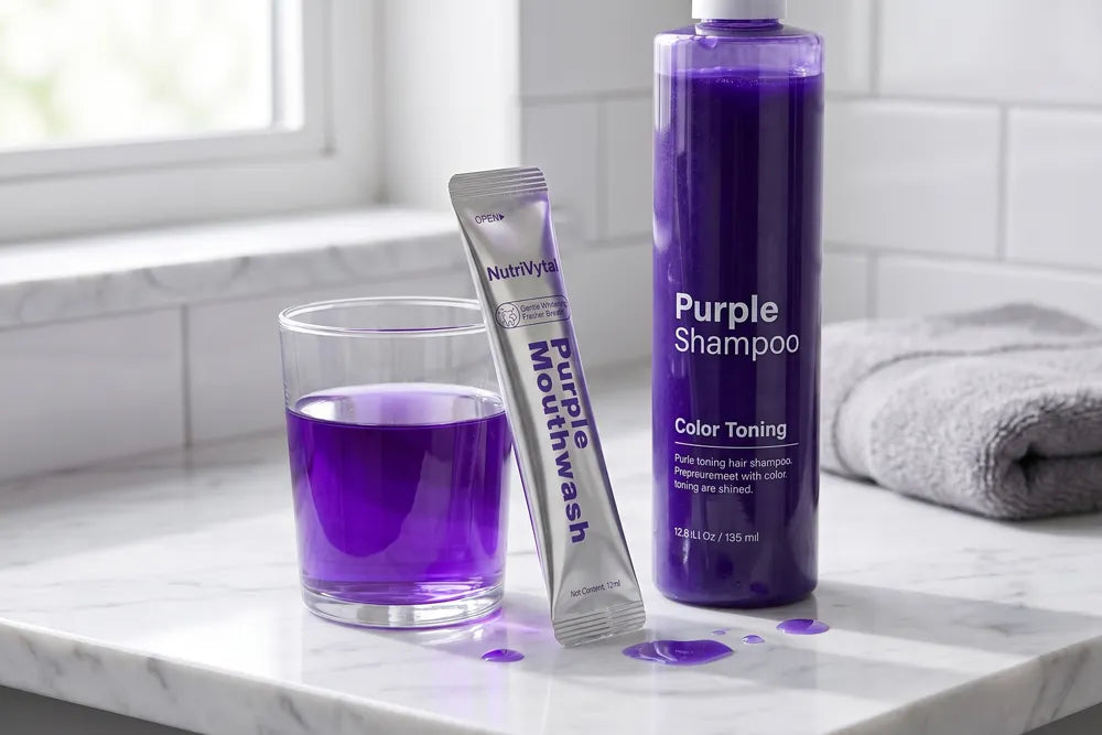 Purple toning shampoo beside purple mouthwash