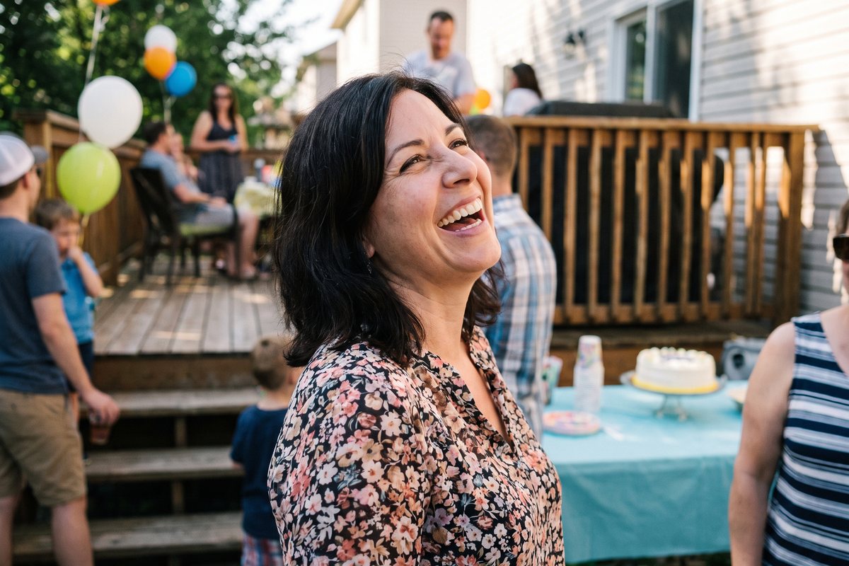 Woman laughing with an open smile at a backyard party